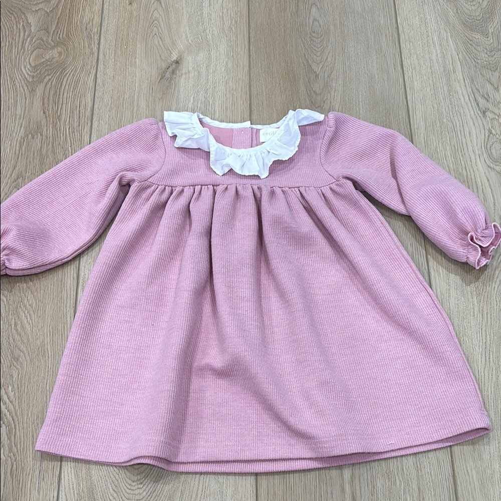 Cecil and Lou Pink Long Sleeve Baby Dress with White Collar